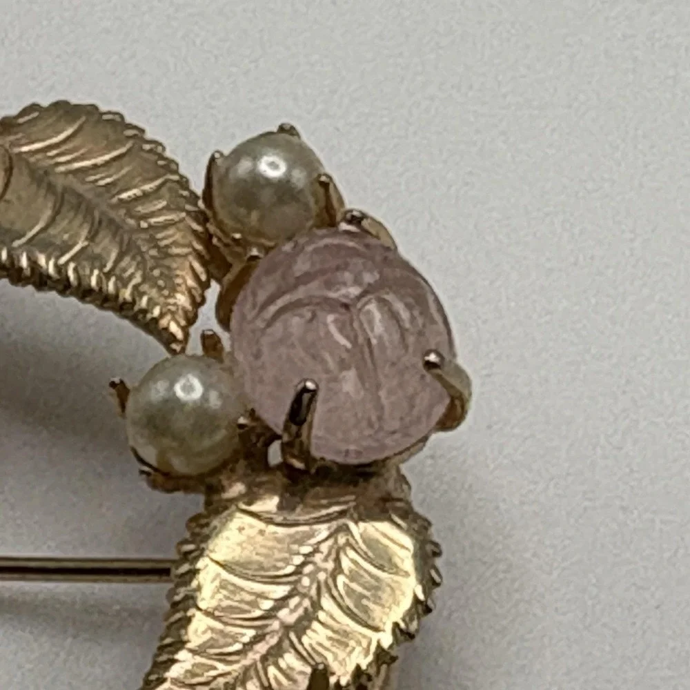 Vintage Scarab Brooch Gold Filled Carved Stone Faux Pearls Wreath